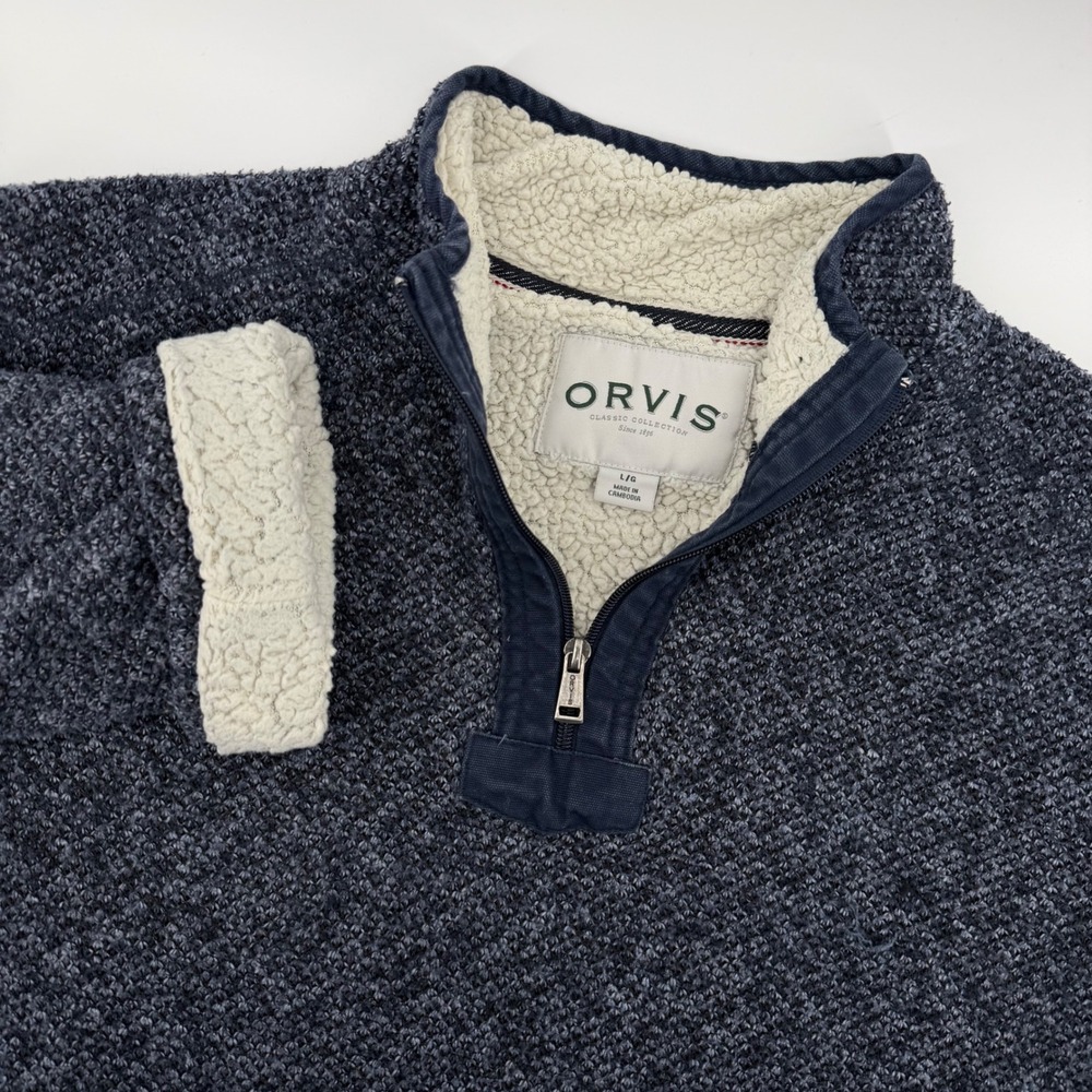 Orvis Men's Classic Collect Blue Quarter Zip Pullover Sherpa Lined Sweater Large